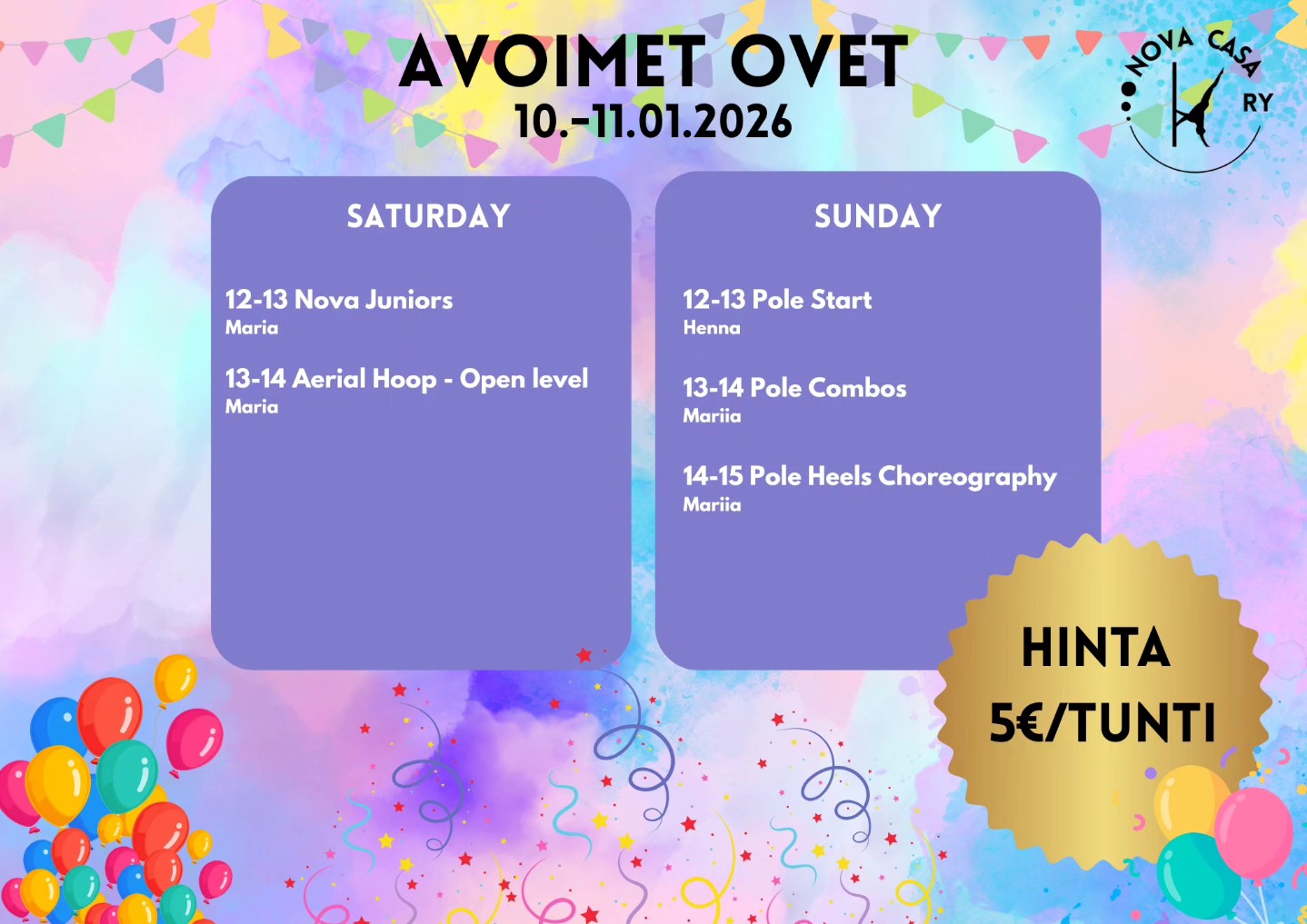 Kokeilutunnit lauantaina ja sunnuntaina 10-11.01.2026, vain 5€/tunti!